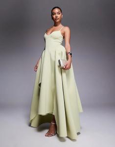 Платье миди ASOS DESIGN Premium на бретелях с широким подолом и асимметричным подолом фисташкового цвета из ткани в стиле «скуба»