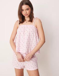 Удобный комплект из жатого хлопкового топа с завязками на плечах и короткой пижамы с мелким цветочным принтом Loungeable