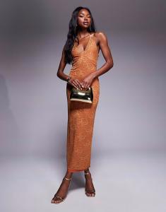 Длинное платье ASOS DESIGN из кружева с прозрачными вставками оранжевого цвета