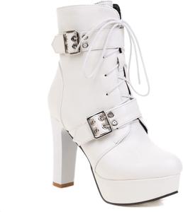 Женские модные ботильоны DXSYMJM на высоком каблуке с боковой застежкой-молнией, винтажной пряжкой и шнуровкой, White