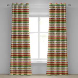 Рождественская штора на люверсах ABAKUHAUS, традиционный зимний узор с каймой, звездами, колокольчиками, деревьями, полосками, декоративная двухпанельная штора, 280 см x 245 см, цвет лайм-зеленый, желтый, красный