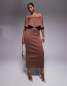 Платье-бандо миди ASOS DESIGN с баской шоколадного цвета из ткани в стиле «скуба»
