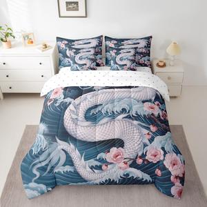 Erosebridal Комплект постельного белья Dragon Ukiyoe Style с японскими морскими волнами и сакурой, розово-голубой, White Blue Pink