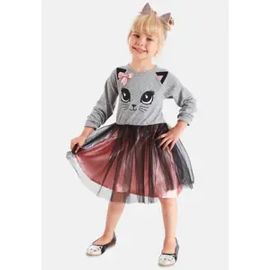 Летнее платье Denokid «Gauzy Cat» с вышитой мордочкой котенка Denokids, цвет grey melange