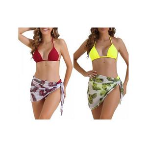 2 комплекта женского бикини-треугольника с лифом-холтером, 3 предмета: купальник с юбкой-парео в листьях и высоким разрезом Inspire Chic, Red Yellow