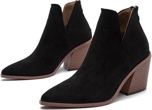 Женские ботильоны Alyaafifa на высокой массивной стопе с закрытым заостренным носком, удобные замшевые ботильоны с высоким каблуком-блоком и молнией, короткие ботинки для офиса и работы, V-Cut - Black