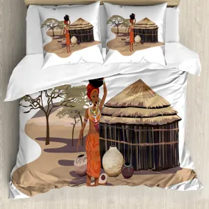Пододеяльник ABAKUHAUS с африканским мотивом, женщина с горшком, антиклещевой, подходит для аллергиков, с наволочками, 155 см x 220 см - 80 x 80 см, разноцветный