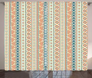 Штора ABAKUHAUS в африканском деревенском стиле с фольклорным бордюром, присборенная тесьма для спальни с петлями и крючками, 280 x 245 см, цвет: оранжевый, синий, бледно-желтый Abakuhaus