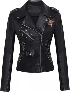 Мотоциклетная куртка, кожаная куртка, женская ветрозащитная мотоциклетная куртка, кожаная куртка в стиле ретро, ​​байкерская куртка, водонепроницаемая куртка для отдыха зимой и осенью, с цветочной вышивкой, black