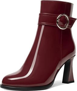 Женские ботильоны AMBELIGHT с круглым носком, для вечеринок, модные, лакированные, однотонные, с молнией, на высоком каблуке 3,3 дюйма, Burgundy