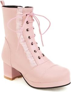 Женские ботильоны DXSYMJM с шнуровкой, модные, из ПУ-кожи, с круглым носком и массивным каблуком для вечеринок, Pink