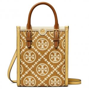 Сумка-шоппер из рафии с кожаной отделкой Мини женская коричневая TORY BURCH