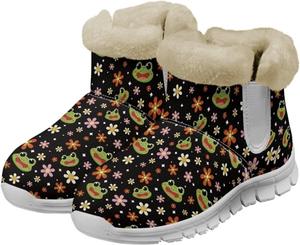 Зимние ботинки chaqlin с лягушкой, снежные ботинки, укороченные, мягкий фланелевый плюш с подкладкой из меха для женщин, широкие, теплые, противоскользящие, легкие ботинки для повседневной носки и активного отдыха, Frog Flowers Print