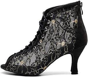 Женские бальные туфли DKZSYIM на высоком каблуке с ботильонами, для выступлений, модель QJW7166, Black-3 1/3" Heels-Jb-Rubber Sole-7166