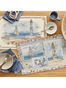 Sander Набор из 2 тканых салфеток из смесовой хлопковой ткани, выполненных в стиле гобелена, с рисунком маяка в сине-натуральном цвете