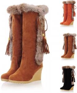 Женские зимние ботинки на высоком каблуке с мехом - ботильоны на высокой танкетке с искусственным мехом, удобные высокие меховые сапоги до колена Generic, Brown