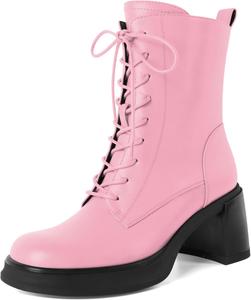 Женские боевые ботинки SAMMITOP на шнуровке, укороченные ботильоны с низким каблуком, массивной платформой, круглым носком и высотой каблука 2,5 дюйма, Pink