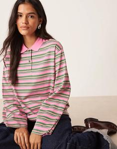 Поло AWARE с длинными рукавами в зелено-розовую полоску