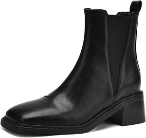 Женские ботильоны Western Chelsea с квадратным носком, эластичные, массивный низкий каблук, ретро стиль, короткие нарядные ботинки JOEUSTY, Black-Microfiber Lined