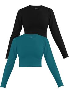 Лонгслив Janice 2 x Damen crop Langarmshirt hochgeschlossen Noia, цвет Petrol/Schwarz