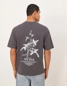 Свободная футболка ASOS DESIGN с цветочным принтом серого цвета