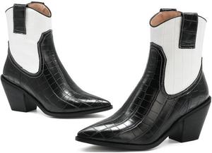 Женские ковбойские ботильоны TNXZ, западного стиля, с заостренным носком, средней длины, с низким массивным каблуком, зимние короткие ботинки, White