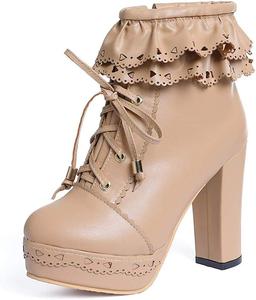 Женские ботильоны JITUUE на платформе с высоким каблуком, шнуровкой и оборками, стиль Sweet Lolita, офисные, массивный высокий каблук, из ПУ кожи, Apricot