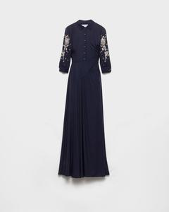 Длинное вышитое платье из сабле Prada, темно-синий