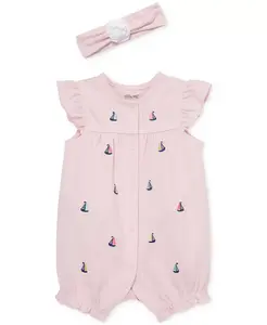 Комплект для девочек: вышитый хлопковый комбинезон и повязка на голову (2 предмета) Little Me, розовый