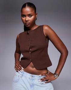 Укороченный жилет структурированного трикотажа ASOS DESIGN коричневого цвета с золотыми пуговицами