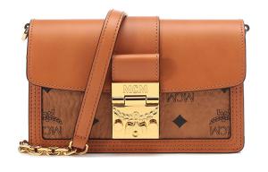 Сумка кроссбодди мини женская коричневая коньяк MCM Aren Visetos из коровьей кожи с аппликацией