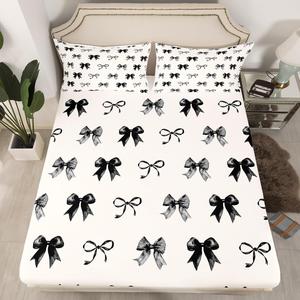 Erosebridal Комплект постельного белья Kawaii Bowknot с бантами и бабочками в черно-серой гамме, Black Grey Beige