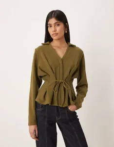 Темно-оливковое топ-поло с длинными рукавами и завязками ASOS DESIGN Supersoft