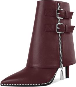 Женские сапоги Mettesally с отворотом, широкие, средней длины до икры, на высоком каблуке-кубике, расшитые бусинами, с молнией, с заостренным носком, женские ботильоны