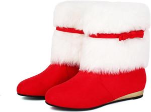 Женские зимние замшевые ботильоны на танкетке с мехом, бантом и круглым носком, с внутренней утяжкой, короткие ботинки для рождественских вечеринок Generic, Red