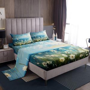 Erosebridal Комплект постельного белья White Daisy King с синим цветочным принтом и морским пейзажем, White Green Blue