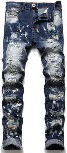 Мужские рваные джинсы с дырками, потертости, пэчворк, вышивка, деним, штаны, облегающие, стрейч SIDUFHAOPKLL