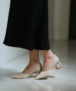 Кружевные туфли на толстом каблуке с блестками Pourvous, цвет Beige