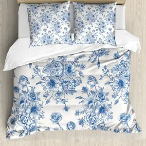 Пододеяльник ABAKUHAUS Windflower, синие цветы, корсаж, защита от клещей, подходит для аллергиков с наволочками, 200 см x 200 см - 80 x 80 см, цвет "темно-синий/белый" Abakuhaus