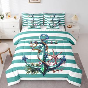 Erosebridal Комплект постельного белья Nautical Anchor Oil Art Marine из сатина с морским якорем и бело-бирюзовыми полосками, Teal White