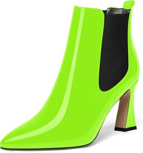 Женские эластичные ботильоны NUMALEO с острым носком, деловые, стильные, из лакированной кожи, с высокими каблуками-блоками, 3,3 дюйма, Black Lime Green