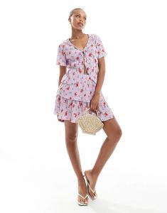 Мини-юбка Pieces с плиссировкой и многоярусным узором в лавандовом цвете