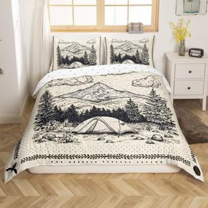 Erosebridal Комплект постельного белья Happy Camping с принтом лесных гор и деревьев в геометрических точках, Black Beige