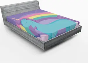 Простыня на резинке ABAKUHAUS Единорог, тема Милый пони, радуга, мечтательные цвета, детская, 160 x 200 см, разноцветная лавандово-синяя Abakuhaus