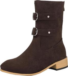 Женские короткие ботинки на осень/зиму, ботильоны с круглым носком и ремешком с металлической пряжкой, задняя молния для удобного надевания и снятия BULVJ, Brown