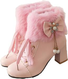 Женские пушистые меховые зимние сапоги на массивном каблуке, с удобным заостренным носком, бантом, боковой молнией, теплой подкладкой из искусственного меха, элегантные туфли-ботильоны для зимних вечеринок, свиданий и кемпинга BHDJK, Pink
