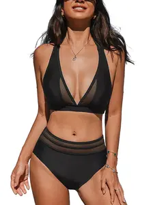 Женские комплекты бикини с V-образным вырезом и завязками на спине, сетчатыми вставками Cupshe, черный