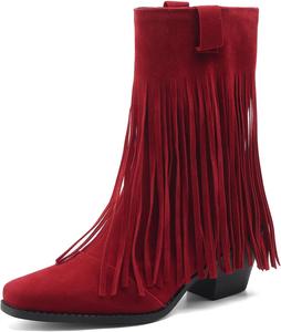 Женские ковбойские сапоги Bellirala с бахромой, массивным каблуком, вестерн-стиль, с кисточками, модные, с квадратным носком, миндальной формы, для концертов и свадеб, Red