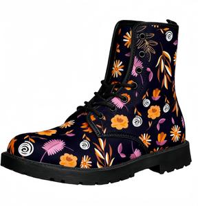 Женские короткие ботинки с принтом на шнуровке, с широким каблуком, боевые ботильоны для девушек и женщин, осенние и зимние, с рисунком роз, черепов, бабочек и мультяшных узоров Maimeili, Flower 4