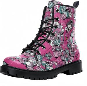 Женские короткие ботинки с принтом, шнуровкой и массивным каблуком, боевые ботильоны на осень и зиму для девушек, с узором в виде роз, черепов, бабочек и мультяшных цветков Maimeili, Balloon Girl Pink